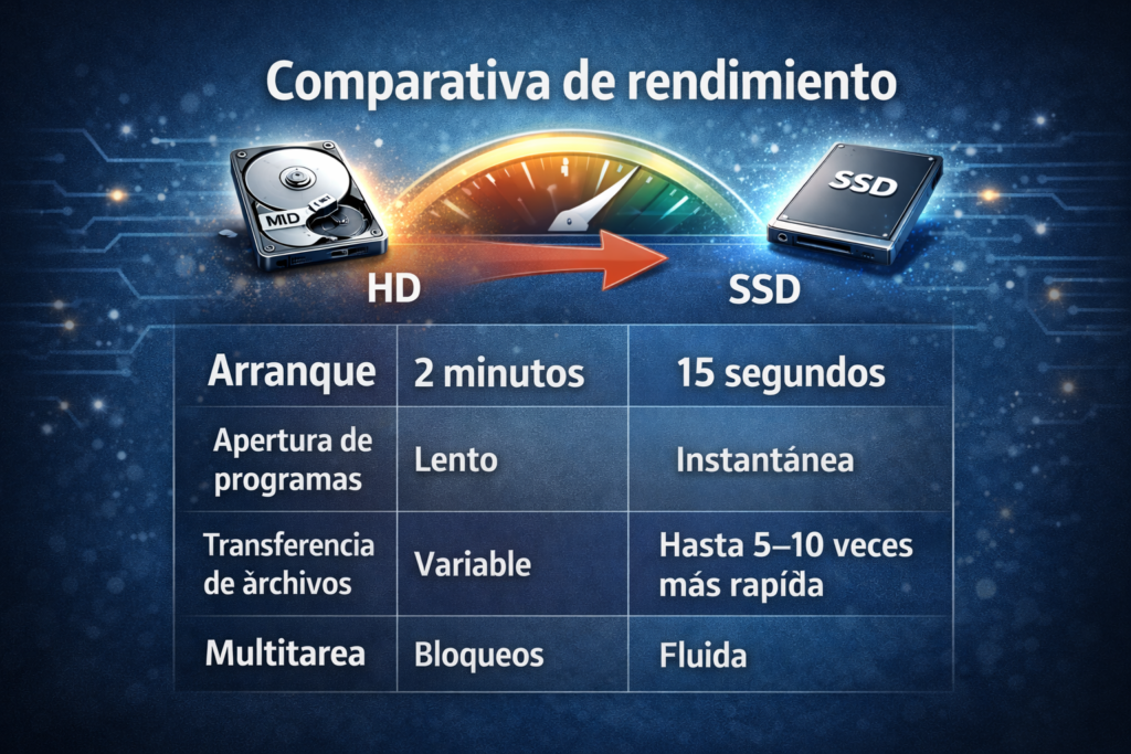 Comparativa de rendimiento de discos duros HD vs SSD.